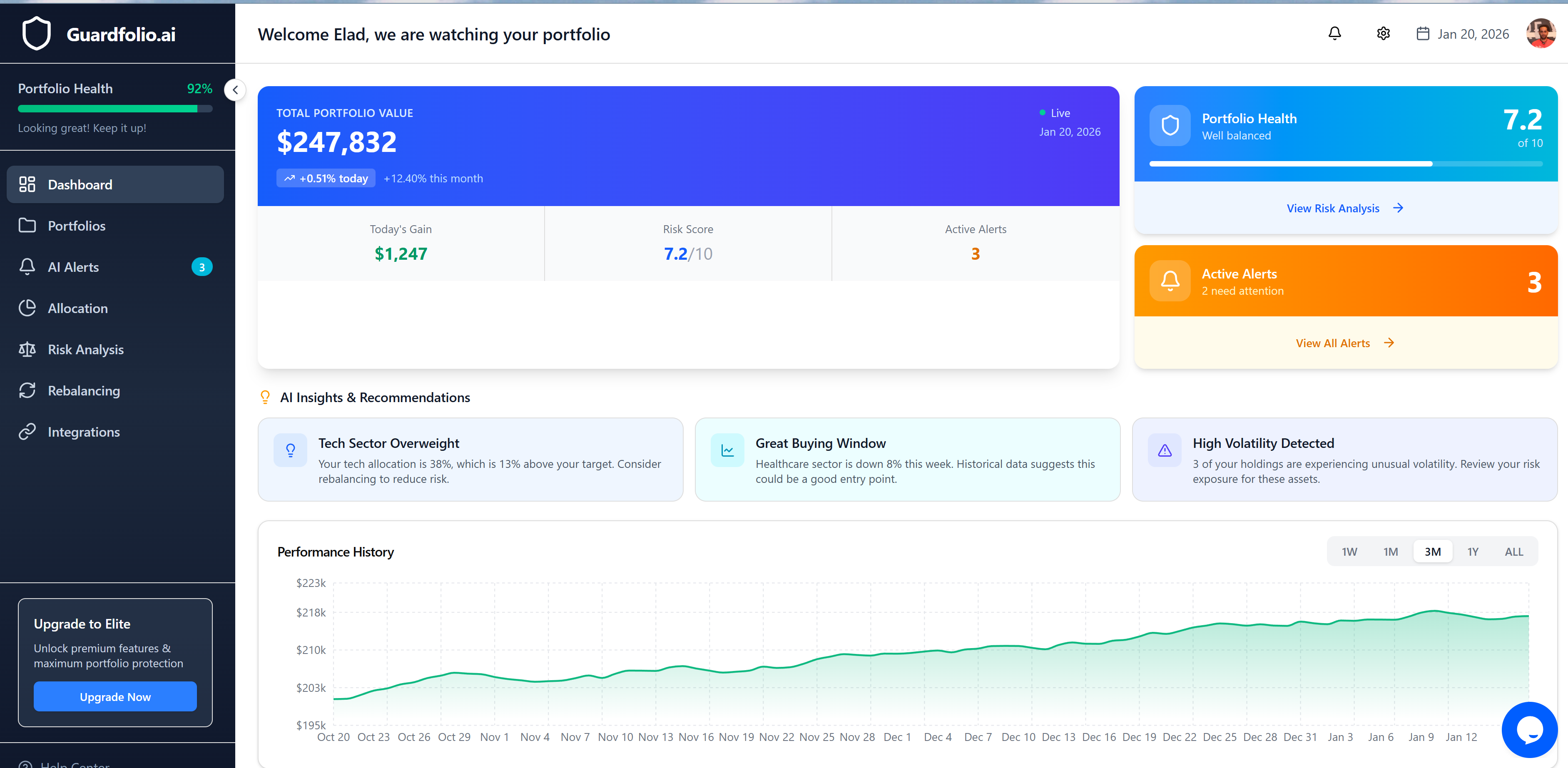 Guardfolio AI Dashboard - Portfolio Risk Monitoring Interface